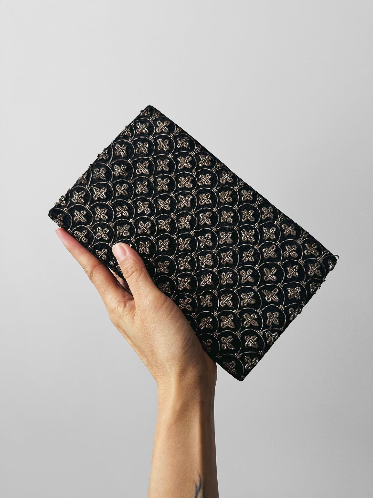 1940s - 1950s Black Velvet Metallic Thread Embroidery Clutch