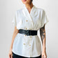 1980s Short Sleeve Cream Double Breasted Collared Blouse -  Sz. S/M