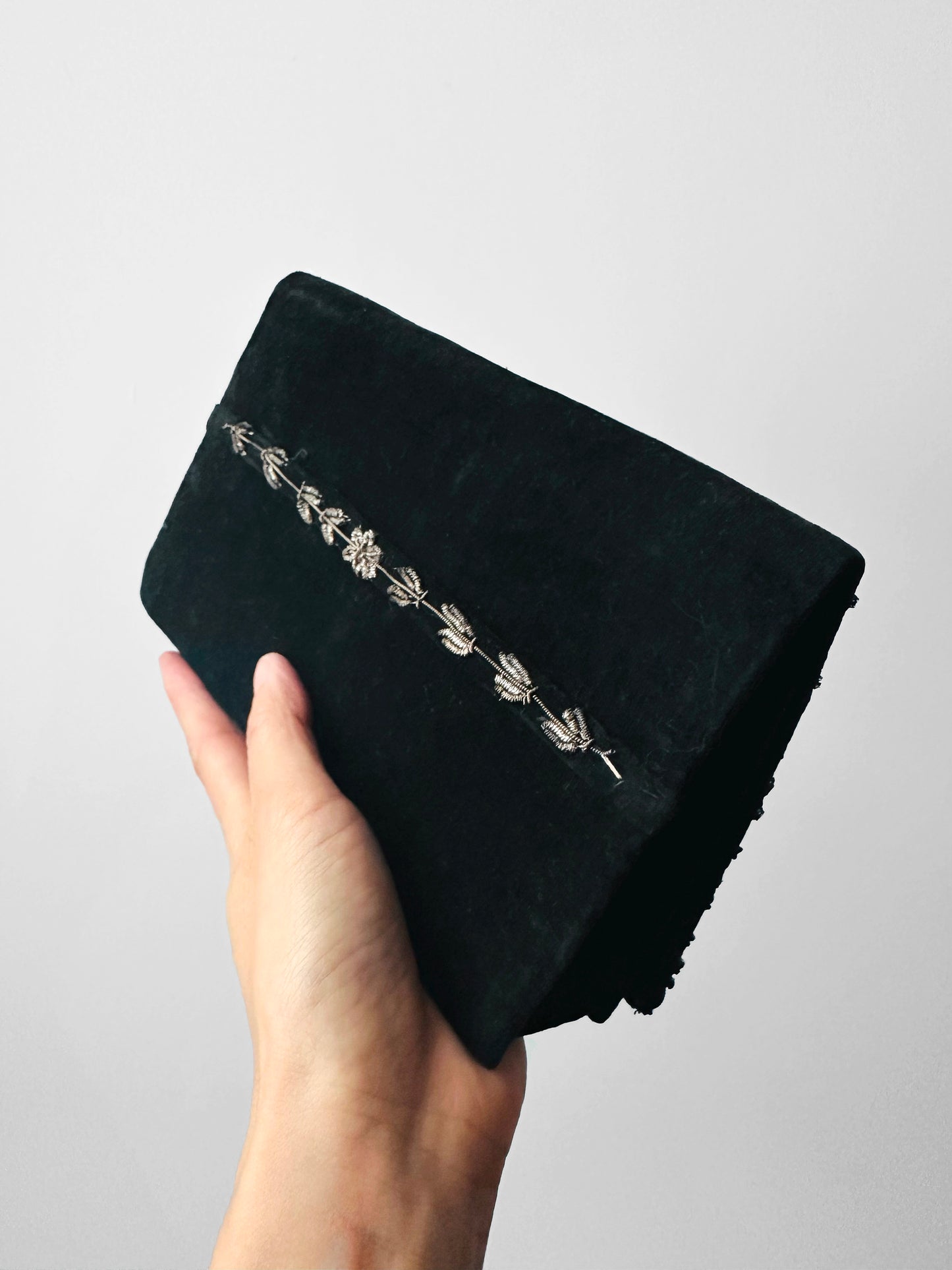 1940s - 1950s Black Velvet Metallic Thread Embroidery Clutch