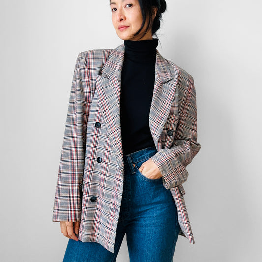 1980s Navy and Red Plaid Wool Double-Breasted Blazer Jacket - Sz. S/M