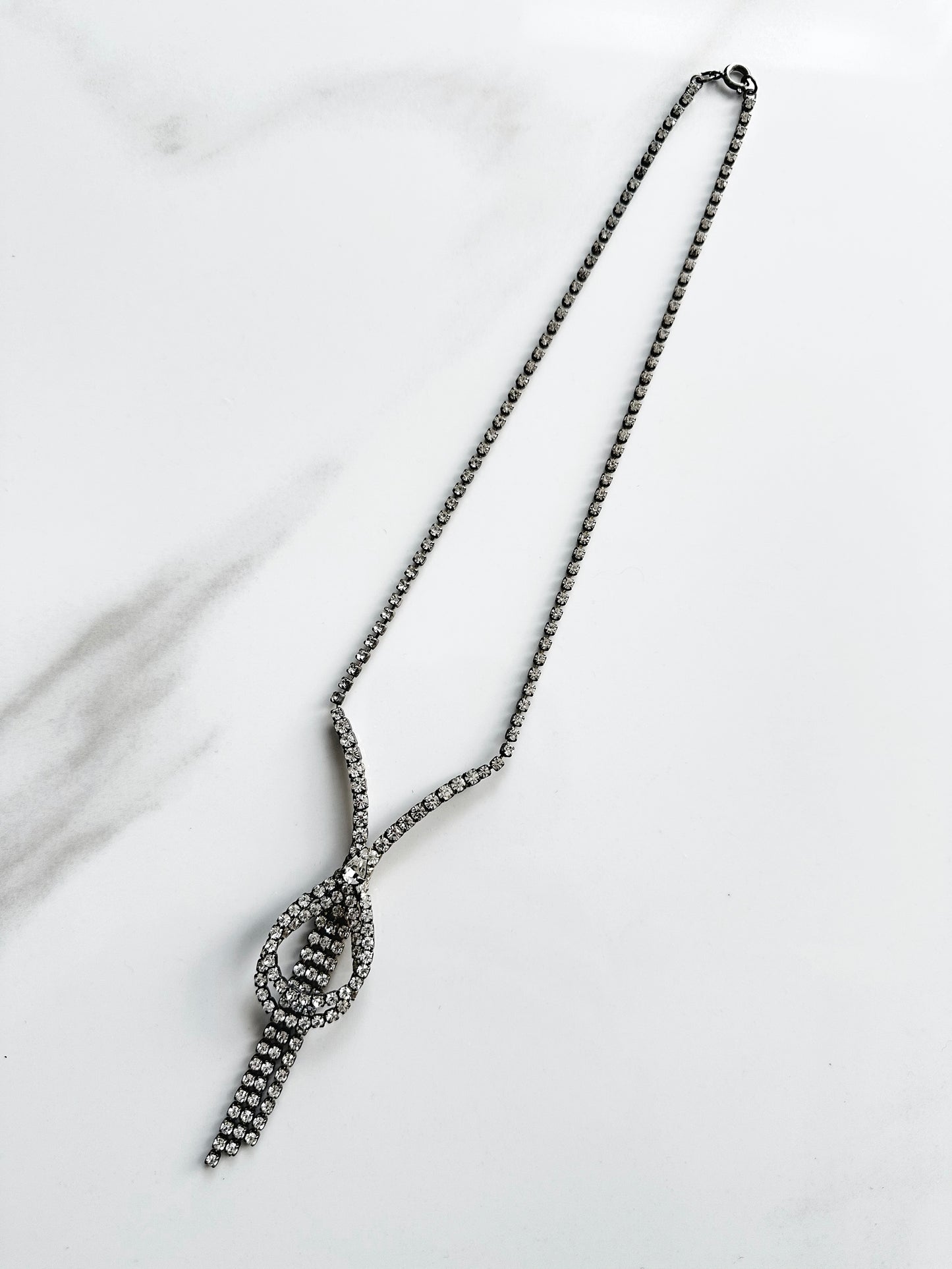 1950s Rhinestone Silver-Toned Y-Necklace with Cascading Drops