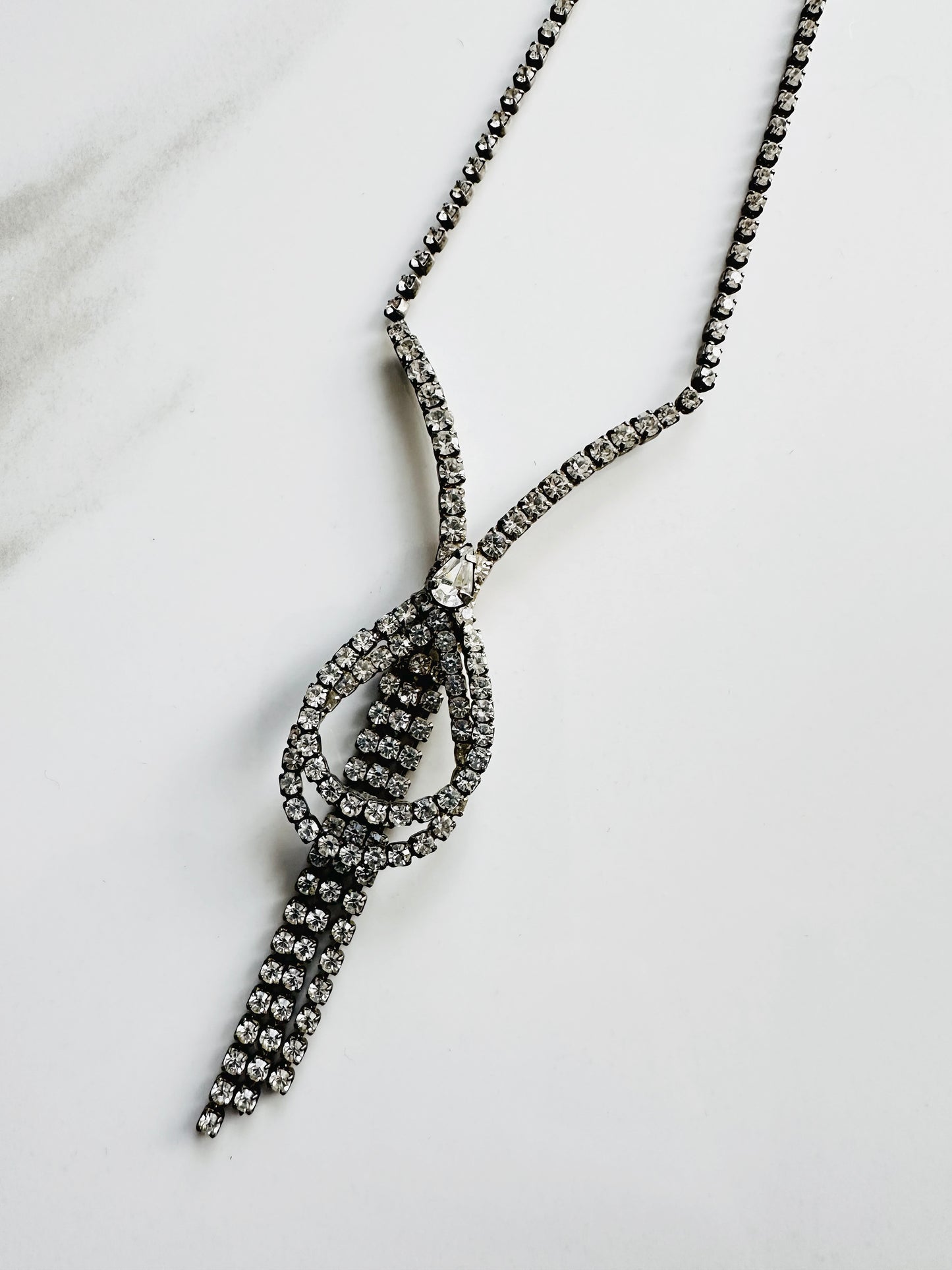 1950s Rhinestone Silver-Toned Y-Necklace with Cascading Drops