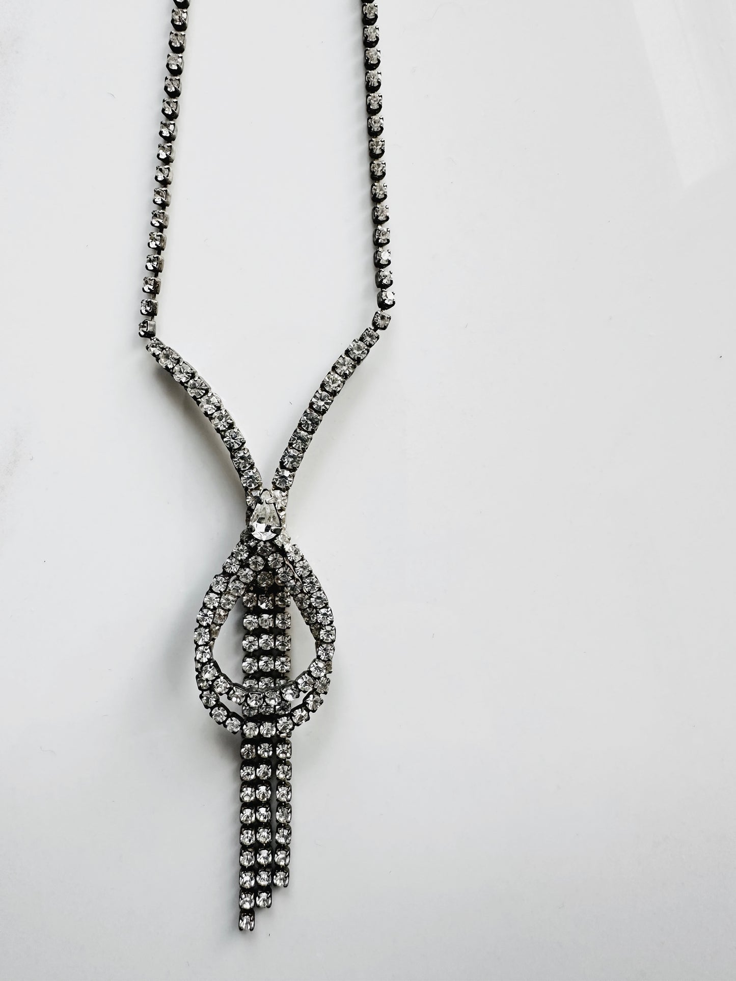 1950s Rhinestone Silver-Toned Y-Necklace with Cascading Drops