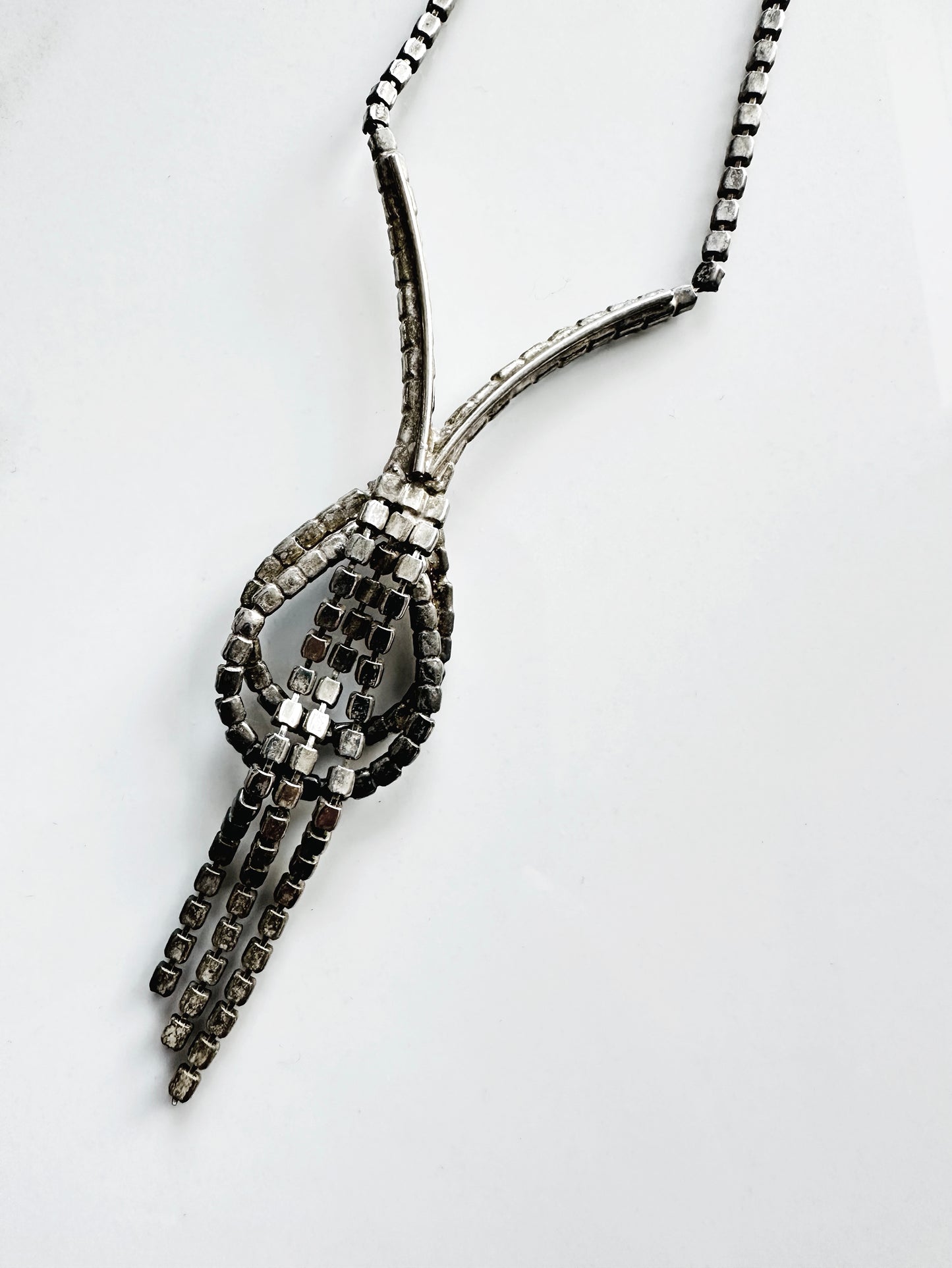1950s Rhinestone Silver-Toned Y-Necklace with Cascading Drops