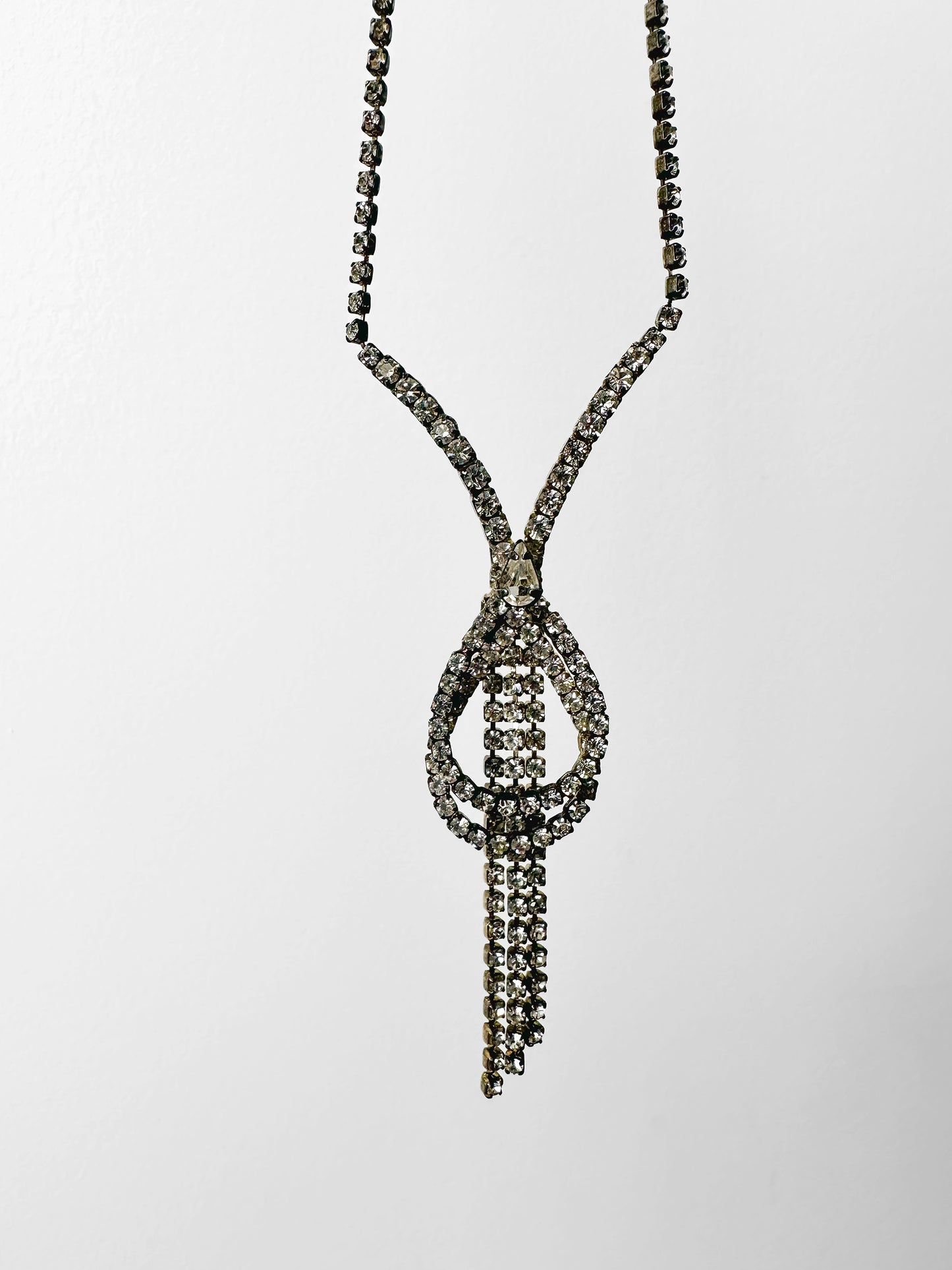 1950s Rhinestone Silver-Toned Y-Necklace with Cascading Drops