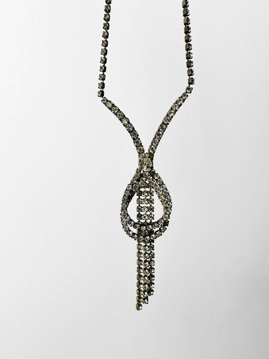 1950s Rhinestone Silver-Toned Y-Necklace with Cascading Drops
