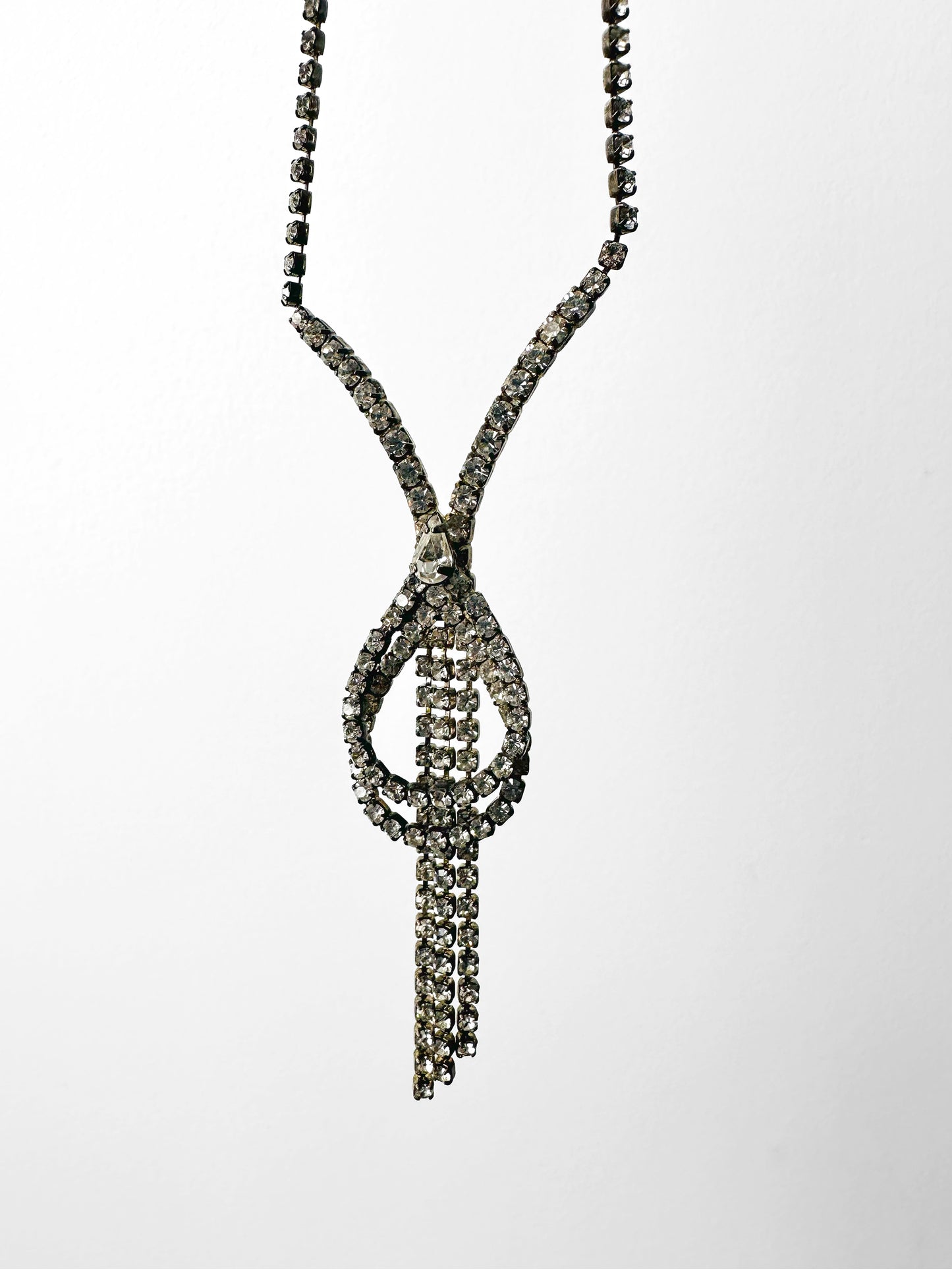 1950s Rhinestone Silver-Toned Y-Necklace with Cascading Drops