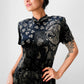1990s Long Black and Gold Velour Asian Patterned Dress - Sz. Sm
