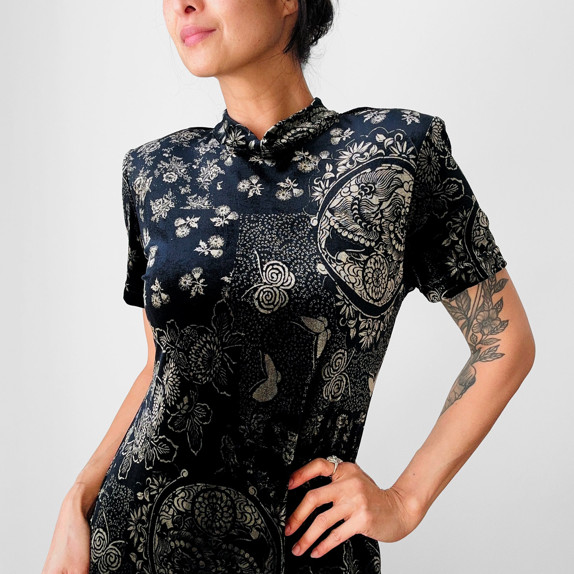 1990s Long Black and Gold Velour Asian Patterned Dress - Sz. Sm Box & Burrow Vintage 1990s Long Black and Gold Velour Asian Patterned Dress - Sz. Sm Box & Burrow Vintage