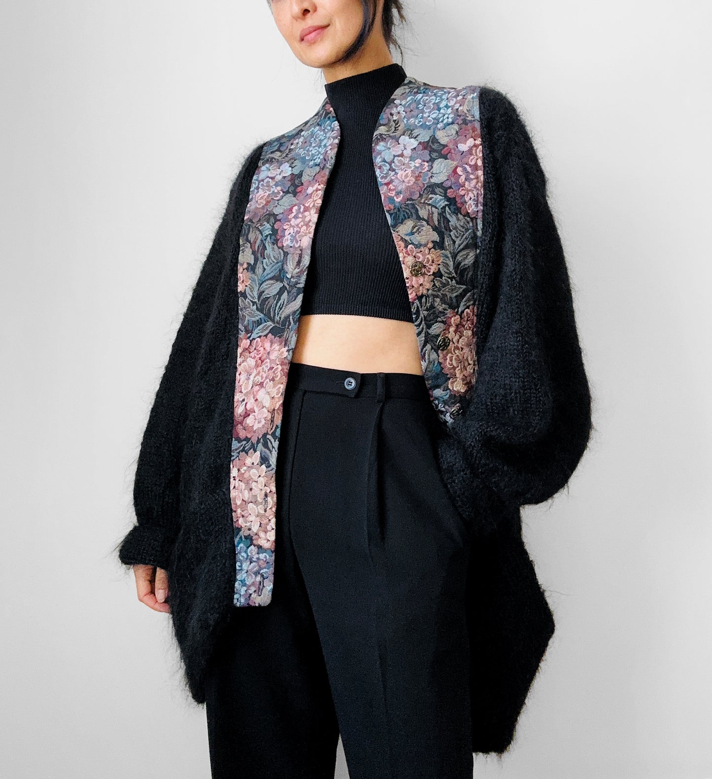 1980s Black Floral Tapestry Relaxed Fit Mohair Knit Cardigan Sweater