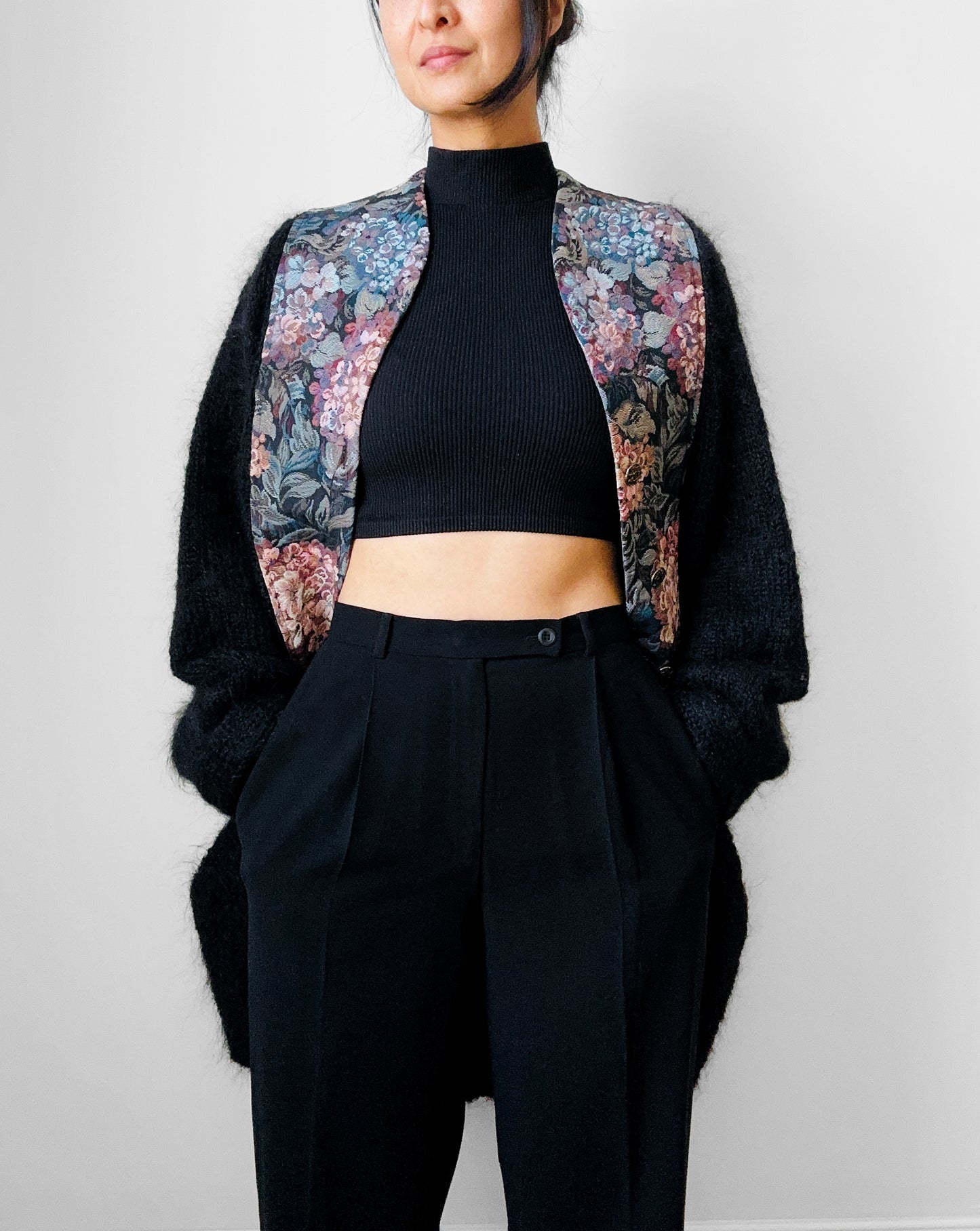 1980s Black Floral Tapestry Relaxed Fit Mohair Knit Cardigan Sweater