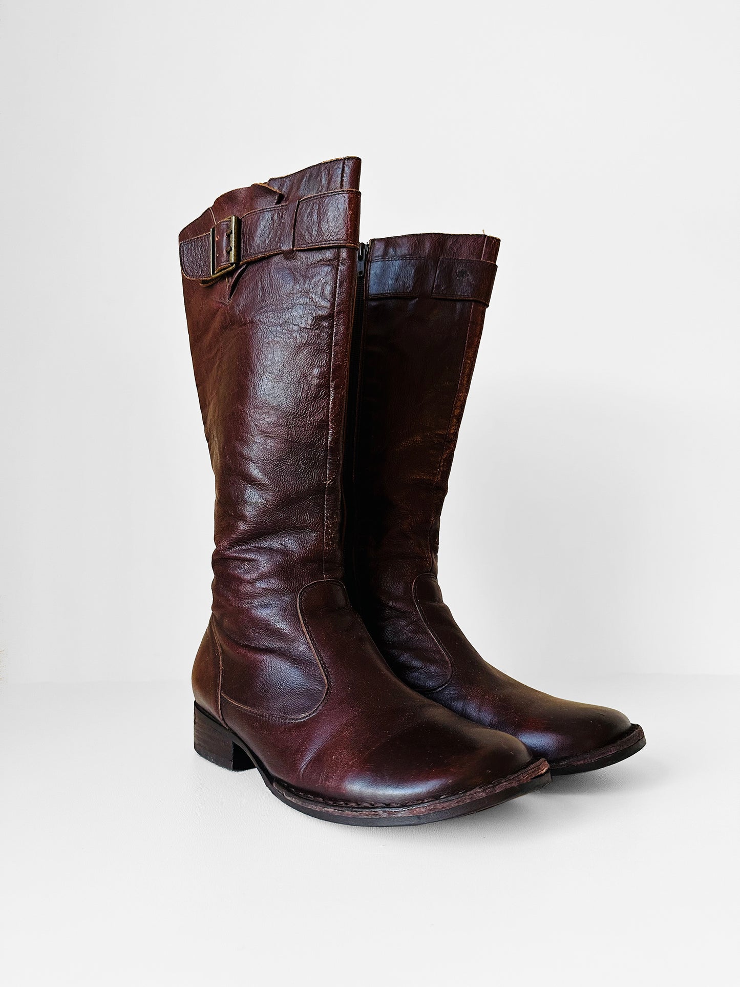 Y2K Burgundy Leather Zippered Leather Boots