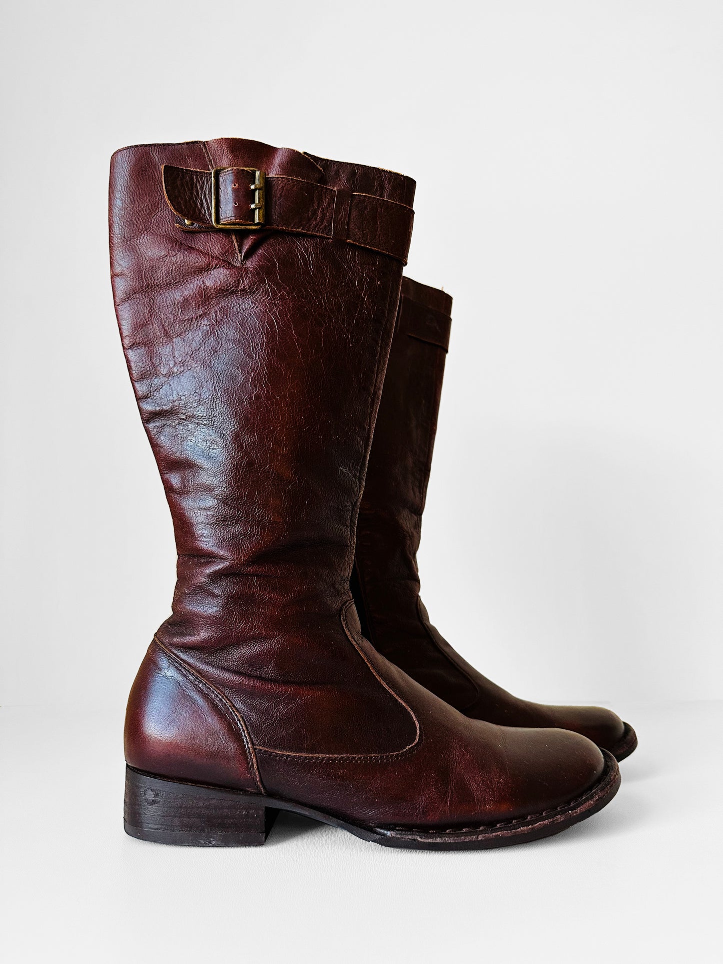 Y2K Burgundy Leather Zippered Leather Boots