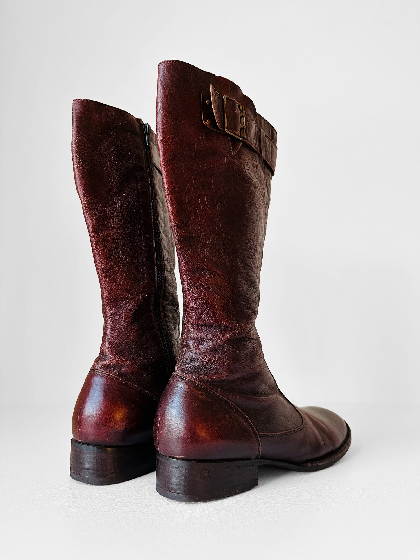 Y2K Burgundy Leather Zippered Leather Boots