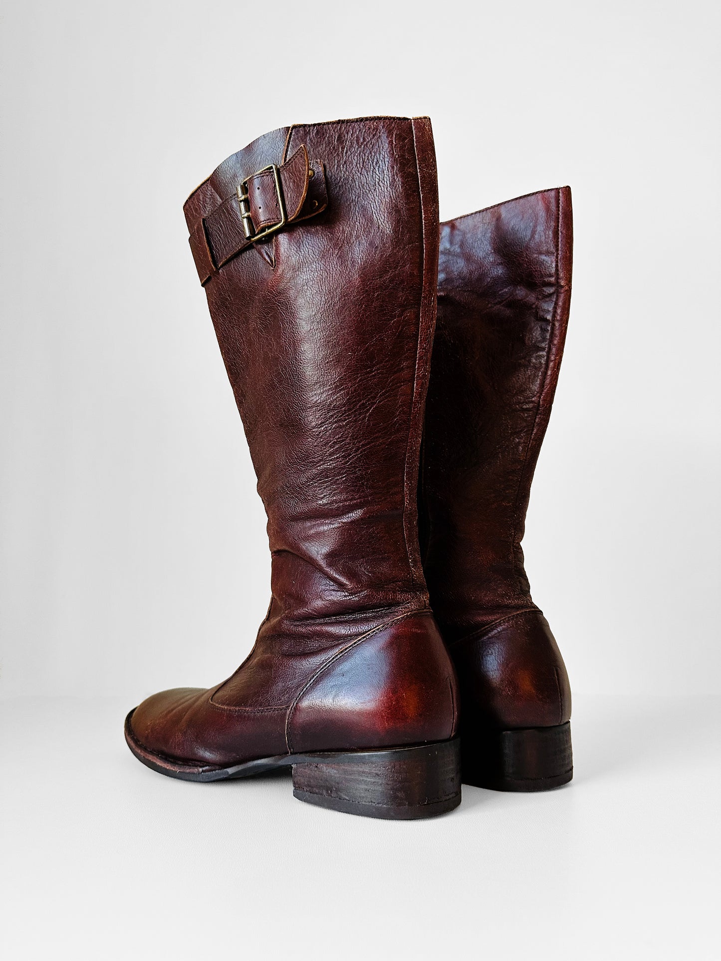 Y2K Burgundy Leather Zippered Leather Boots