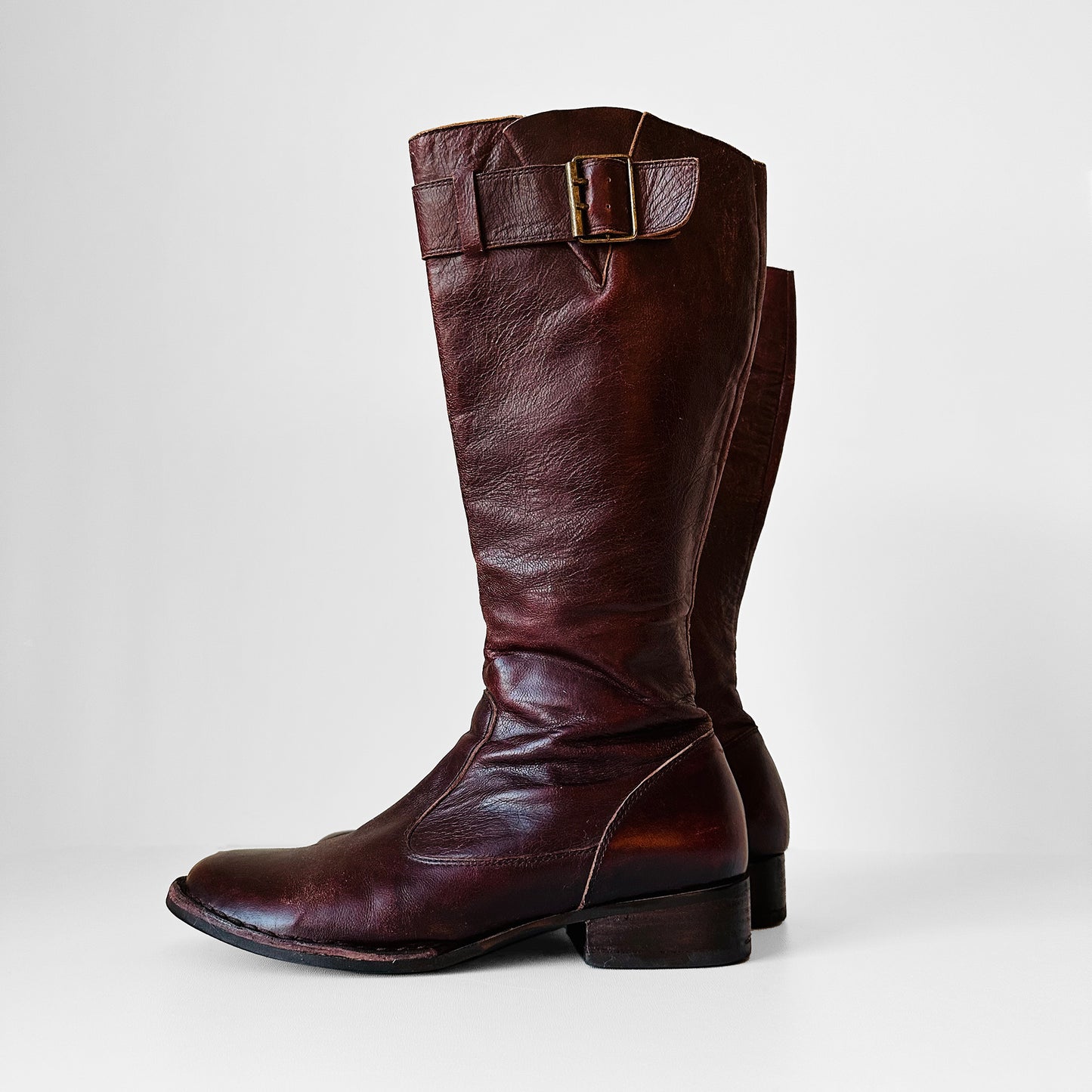 Y2K Burgundy Leather Zippered Leather Boots