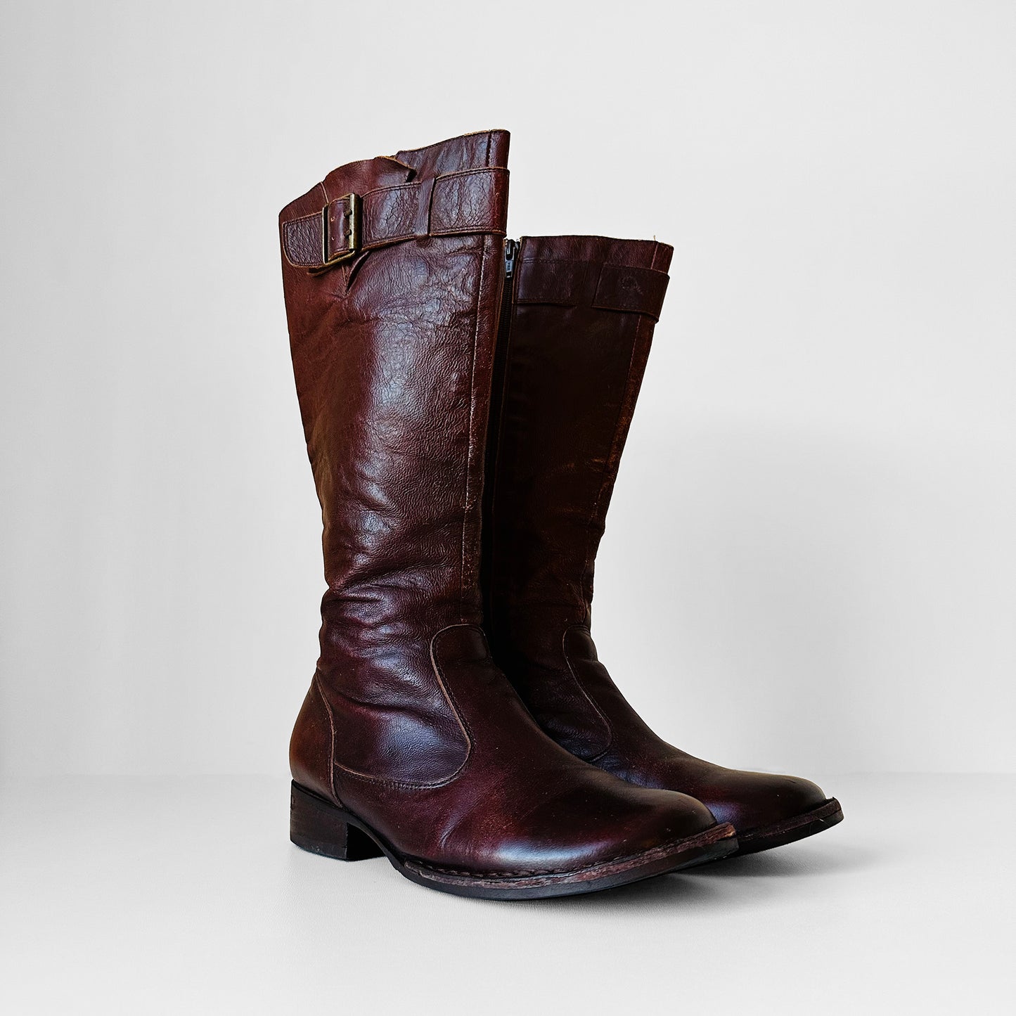 Y2K Burgundy Leather Zippered Leather Boots