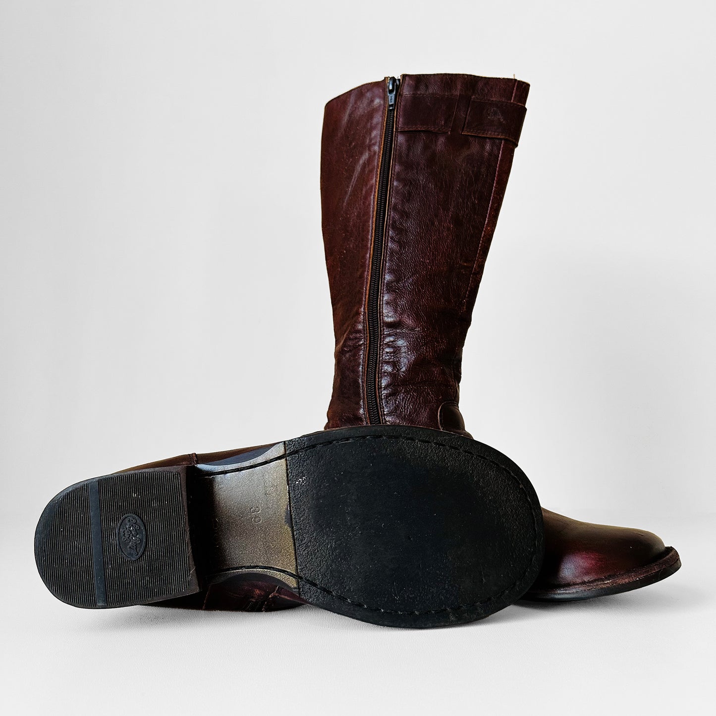 Y2K Burgundy Leather Zippered Leather Boots