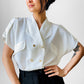 1980s Short Sleeve Cream Double Breasted Collared Blouse -  Sz. S/M