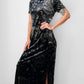 1990s Long Black and Gold Velour Asian Patterned Dress - Sz. Sm