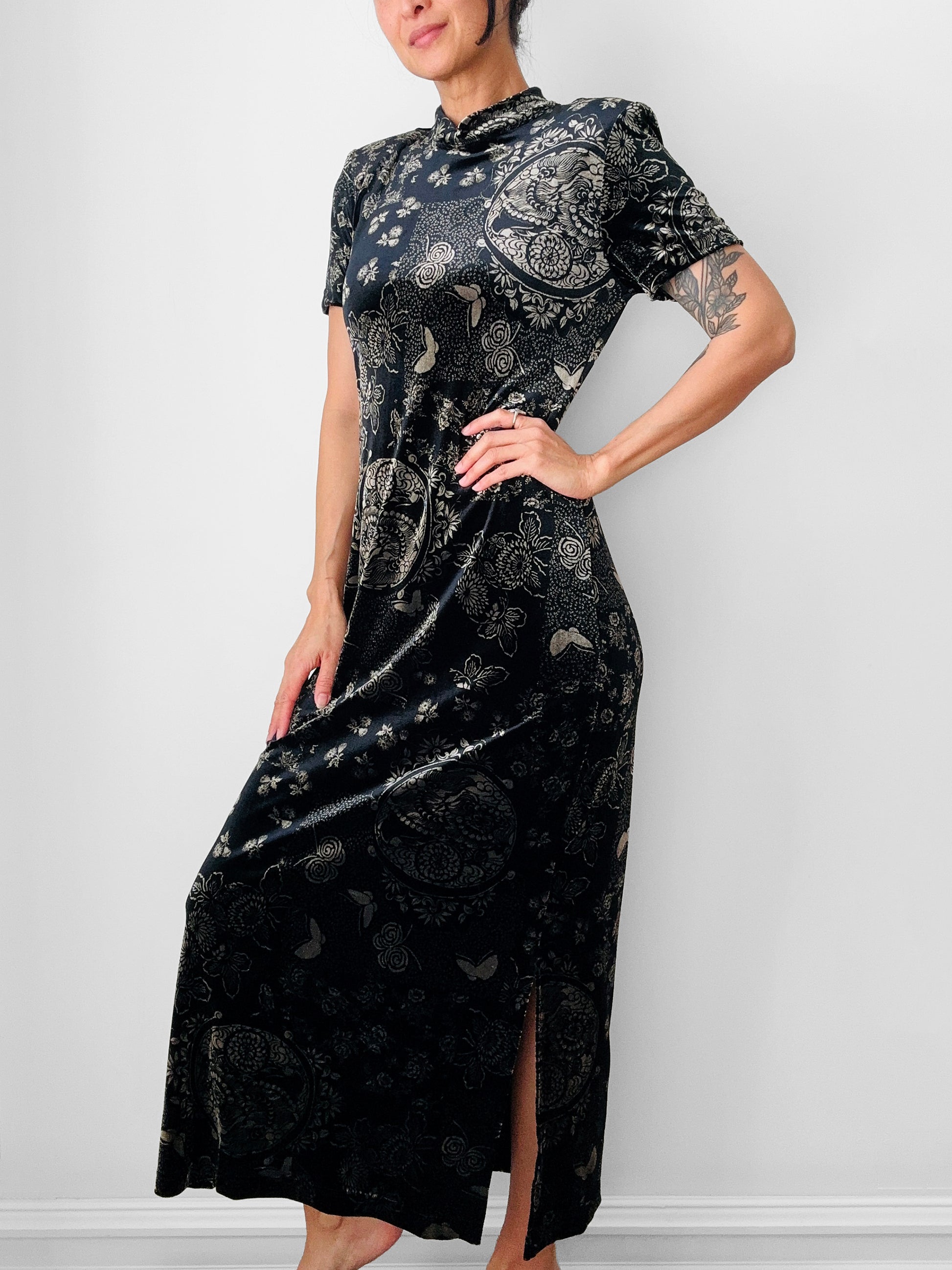 slim fit dress slacks ROBERTO CAVALLI BLACK SATIN STRAPLESS GOWN WITH ASIAN FLORAL PRINT AW main image 0