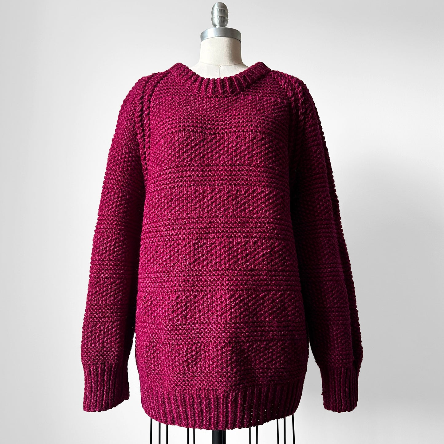 Chunky Wine-Toned Handknit Heavy Wool Jumper Sweater - Sz. O/S