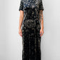 1990s Long Black and Gold Velour Asian Patterned Dress - Sz. Sm