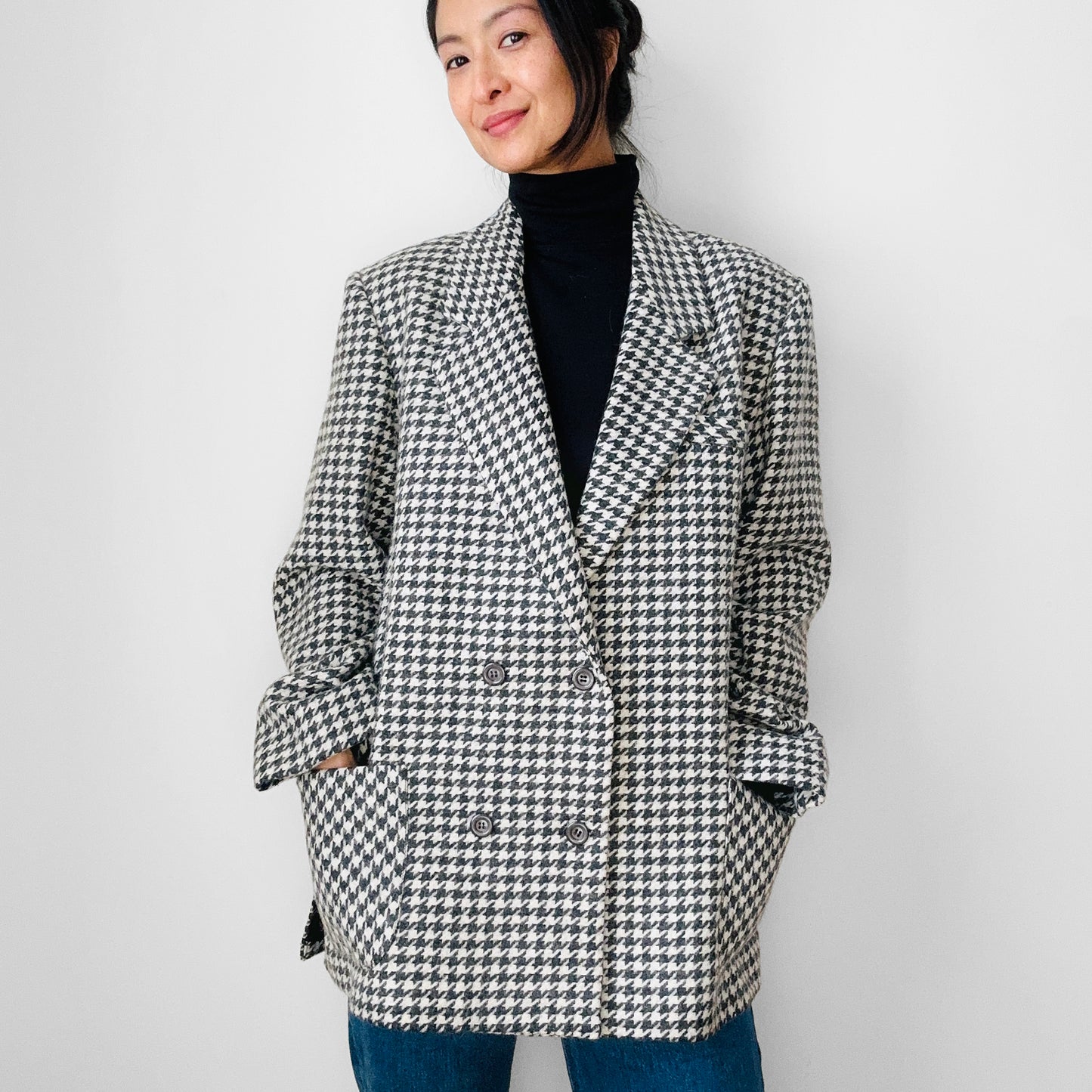 1980s Grey and Off-White Wool Houndstooth Blazer Double-Breasted Jacket- Sz. M