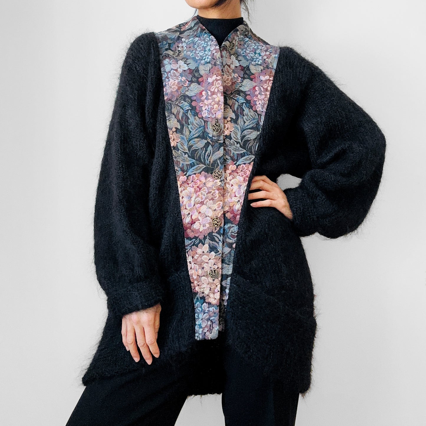 1980s Black Floral Tapestry Relaxed Fit Mohair Knit Cardigan Sweater