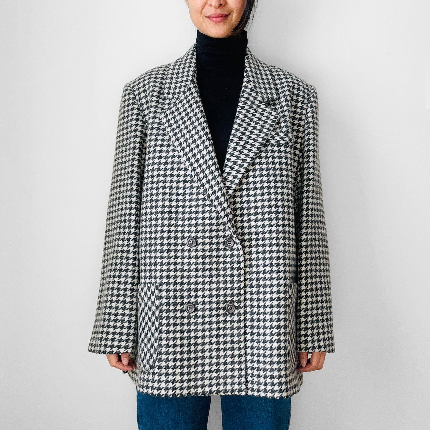 1980s Grey and Off-White Wool Houndstooth Blazer Double-Breasted Jacket- Sz. M