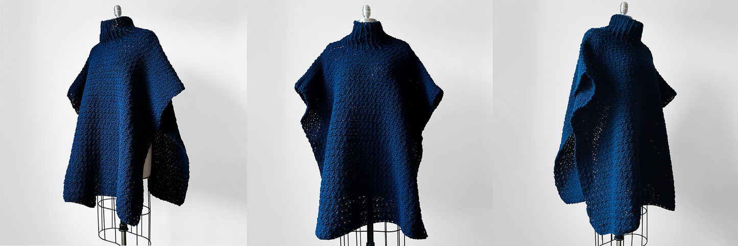 Handknit Oversized High Neck Indigo Blue Poncho Sweater - Sz. O/S