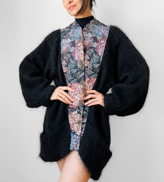 1980s Black Floral Tapestry Relaxed Fit Mohair Knit Cardigan Sweater