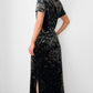 1990s Long Black and Gold Velour Asian Patterned Dress - Sz. Sm