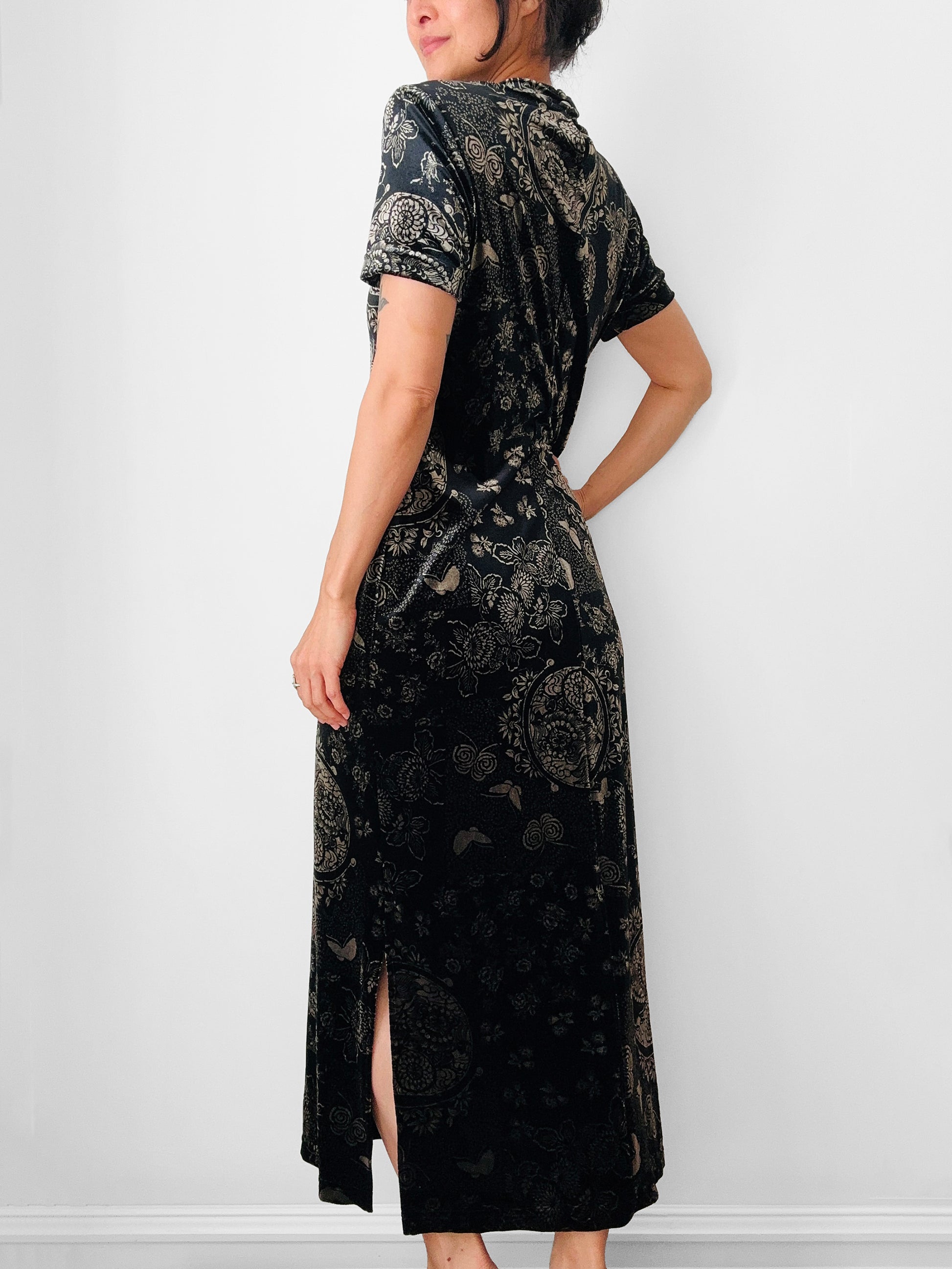 1990s Long Black and Gold Velour Asian Patterned Dress - Sz. Sm Box & Burrow Vintage 1990s Long Black and Gold Velour Asian Patterned Dress - Sz. Sm Box & Burrow Vintage