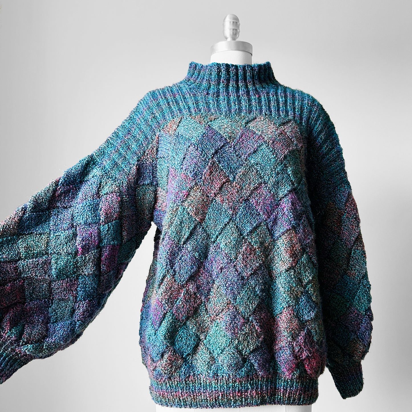 1980s Multi-Tonal Basket Weave Puff Sleeve Knit Sweater - Sz. O/S