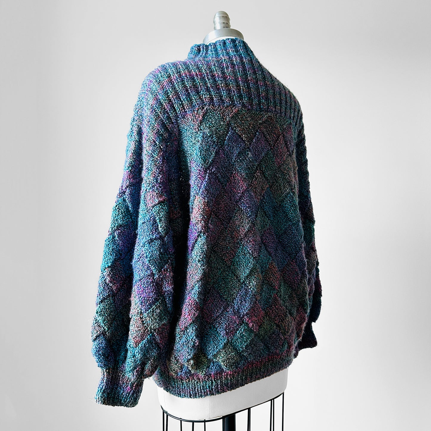 1980s Multi-Tonal Basket Weave Puff Sleeve Knit Sweater - Sz. O/S