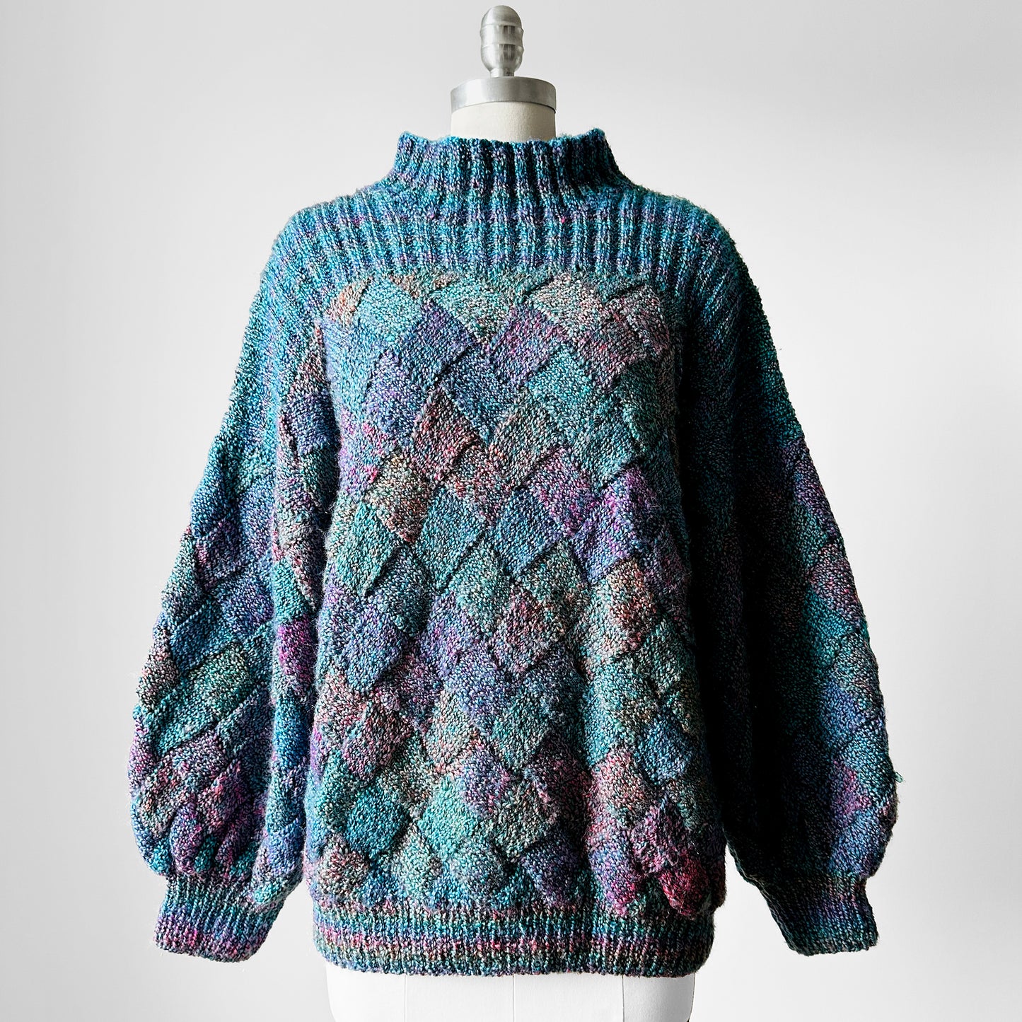 1980s Multi-Tonal Basket Weave Puff Sleeve Knit Sweater - Sz. O/S