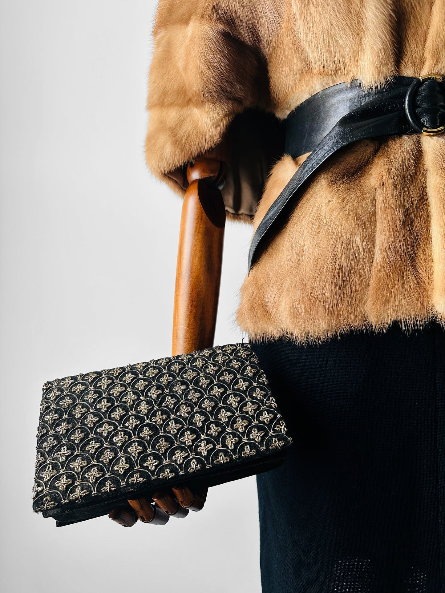 1940s - 1950s Black Velvet Metallic Thread Embroidery Clutch