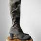 1970s - 1980s Grey Leather Zip Up Knee-High Heeled Boots