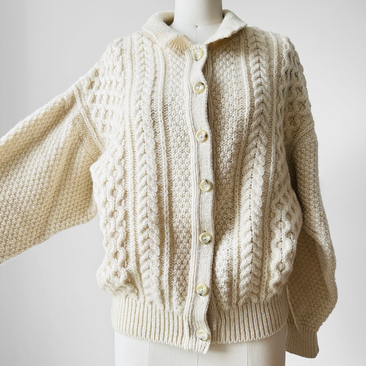 Cream Fisherman's Wool Cable-Knit Cardigan Sweater - Sz. S/M