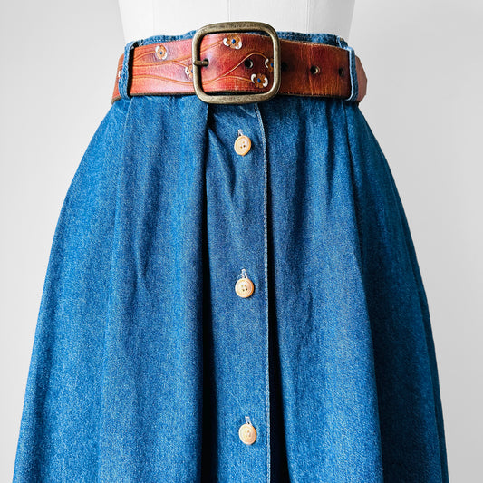 1970s - 1980s WRANGLER Button Front Blue Chambray Jean Skirt - Sz. Sm.