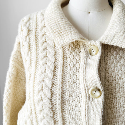 Cream Fisherman's Wool Cable-Knit Cardigan Sweater - Sz. S/M