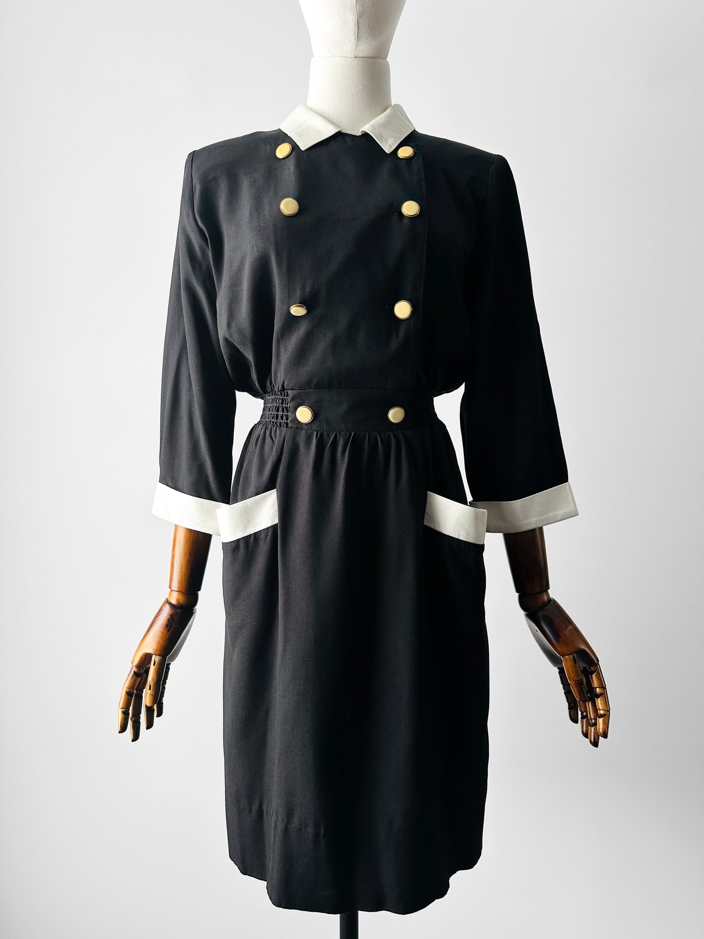 1980s Black Button Detail Dress with White Collar and Cuff Details - Sz. Small