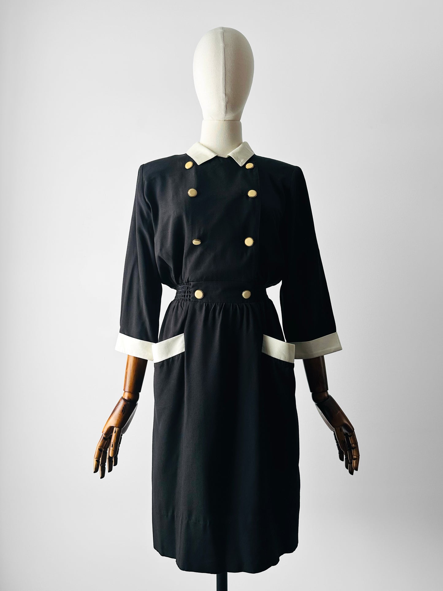 1980s Black Button Detail Dress with White Collar and Cuff Details - Sz. Small