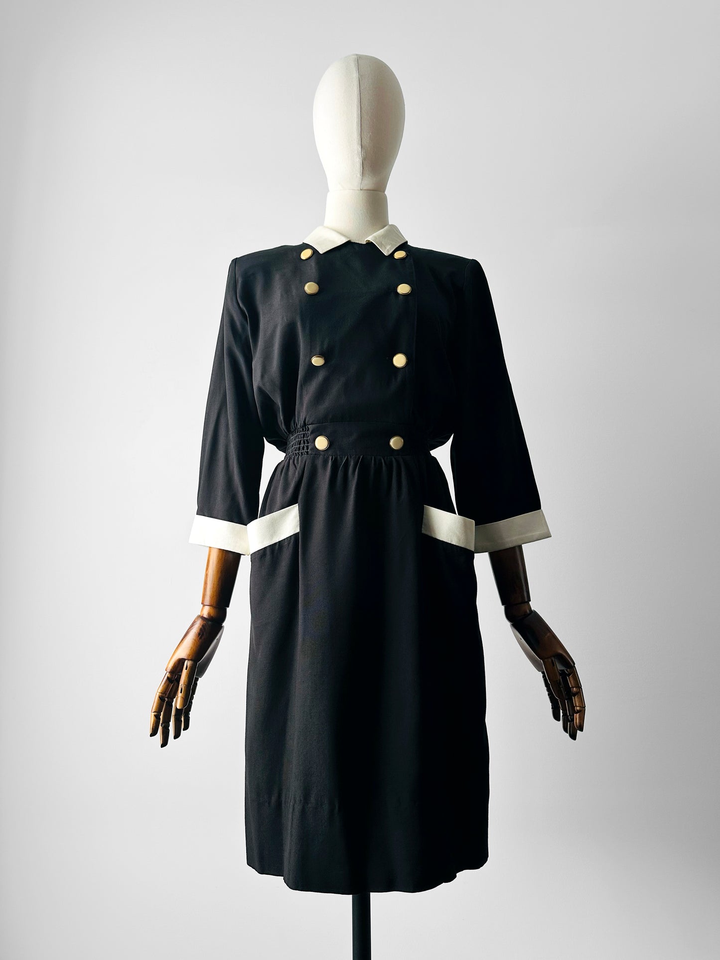 1980s Black Button Detail Dress with White Collar and Cuff Details - Sz. Small