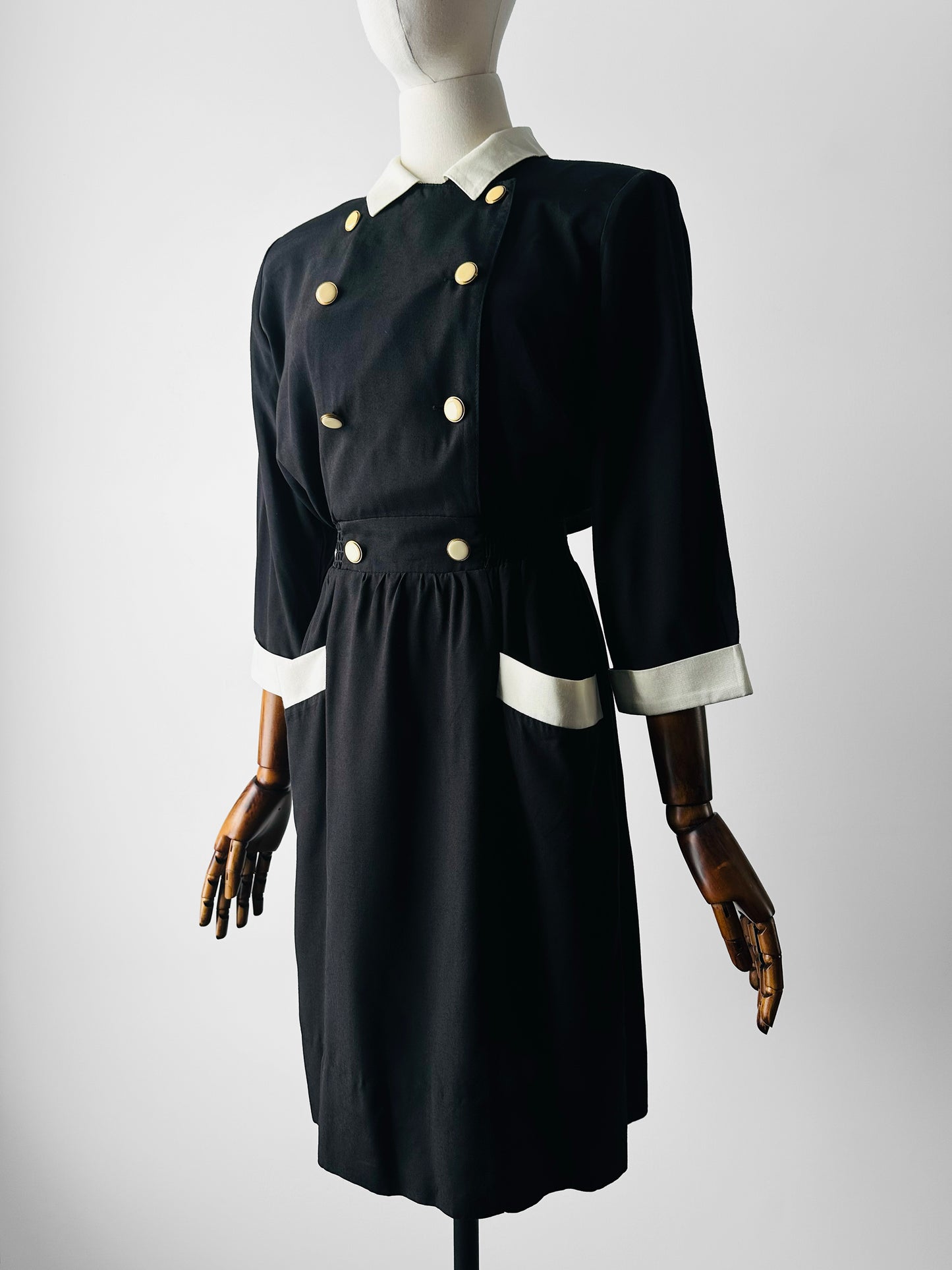 1980s Black Button Detail Dress with White Collar and Cuff Details - Sz. Small