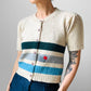 Crop Wool Button-Front Stripe Darned and Mended Short Sleeve Knit Cardigan - XS / S