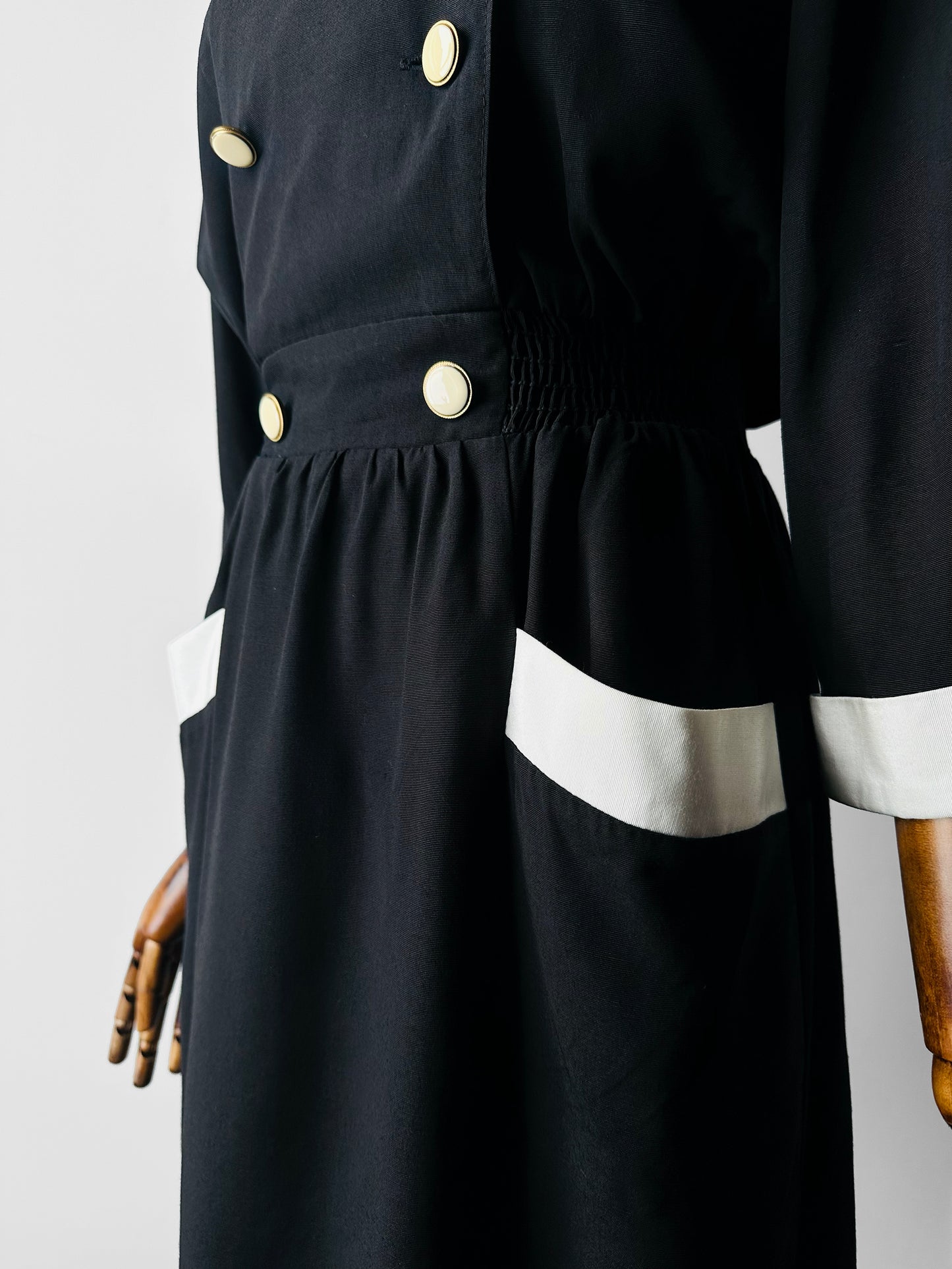 1980s Black Button Detail Dress with White Collar and Cuff Details - Sz. Small