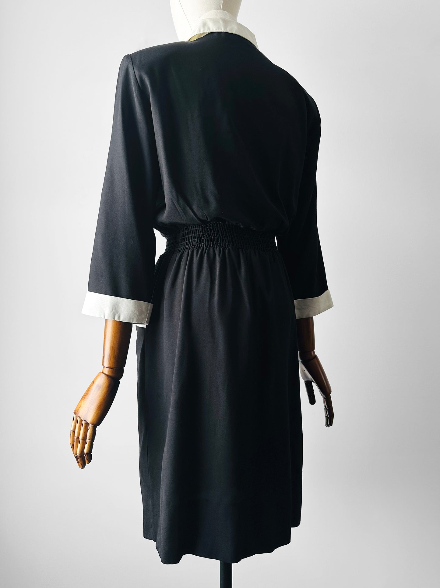 1980s Black Button Detail Dress with White Collar and Cuff Details - Sz. Small