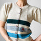 Crop Wool Button-Front Stripe Darned and Mended Short Sleeve Knit Cardigan - XS / S